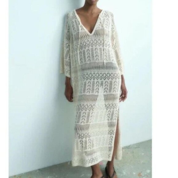 NWT ZARA Crochet Maxi Dress Sheer Open Knit Long Sleeve Beach Cover Up Dress M - Picture 1 of 6